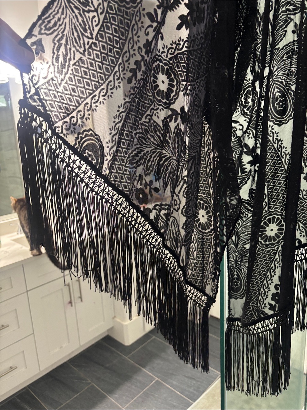 Black Velvet Burnout Fringed Kimono - Picture 2 of 7